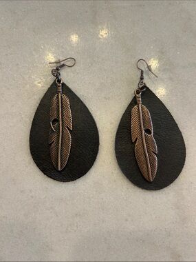 Black Faux Leather Teardrop Earrings with Antique Copper Feather